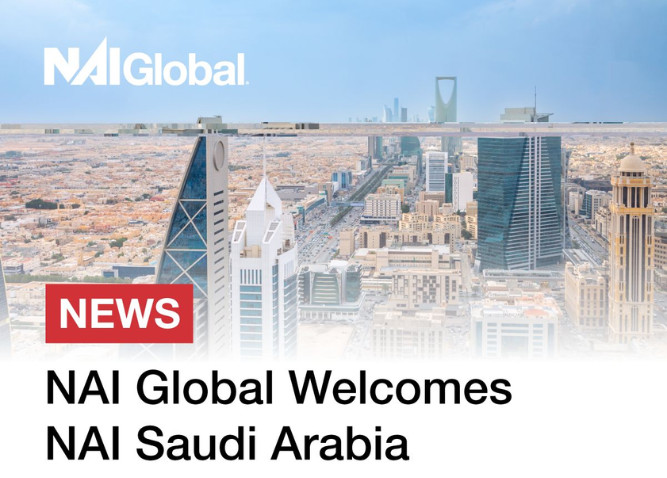 A picture of Saudi Arabia with text that says NAI Global Welcomes NAI Saudi Arabia